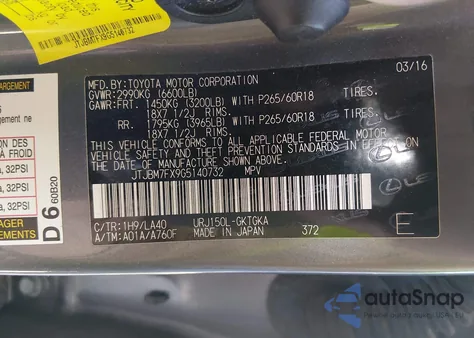 2016 Lexus Gx 460 z USA, uszkodzony, nr VIN JTJBM7FX9G5140732